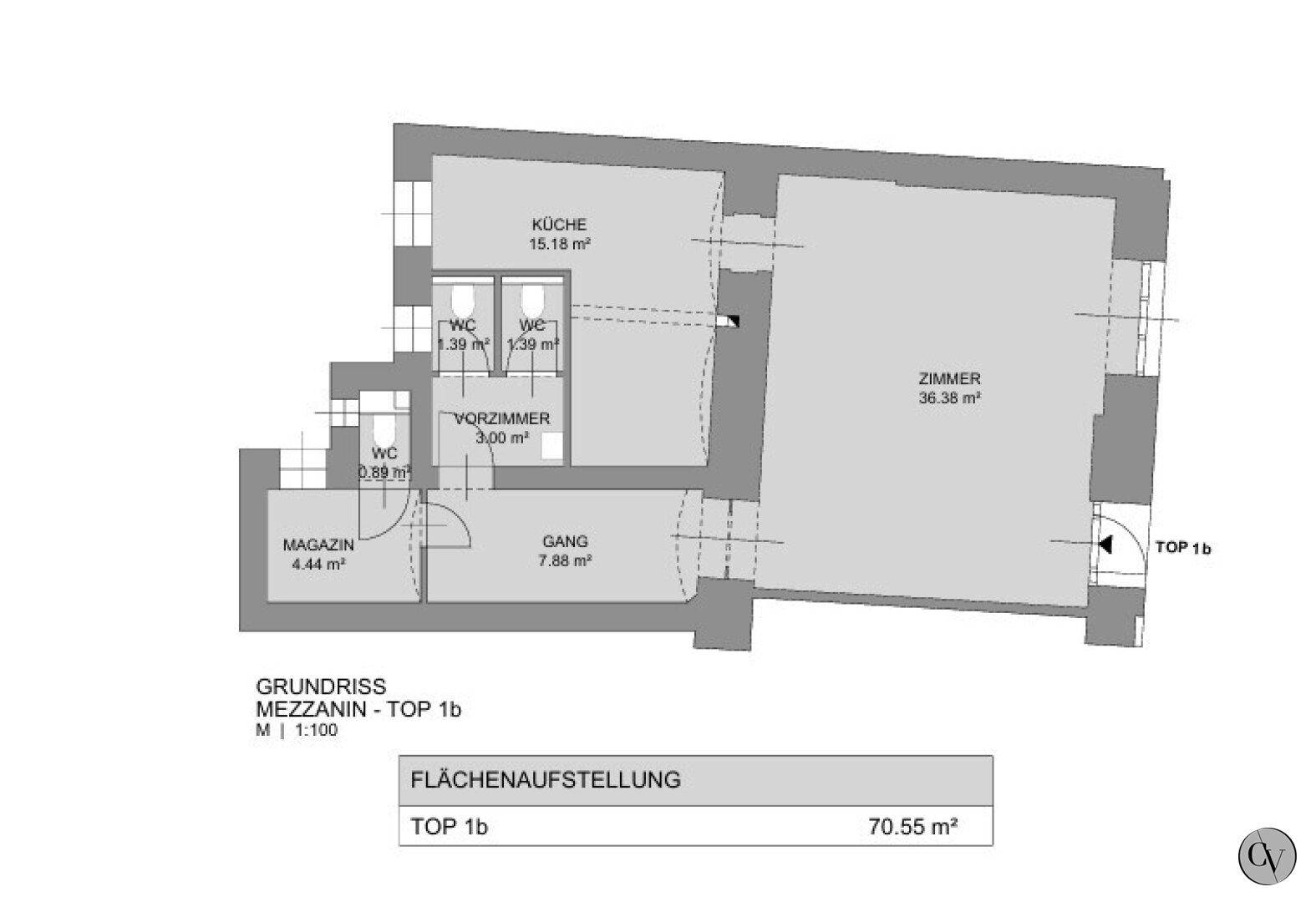 Grundriss des Mezzanin-Geschosses mit Zimmer, Küche, WC-Räumen und Magazin, Gesamtfläche 70.55 m².