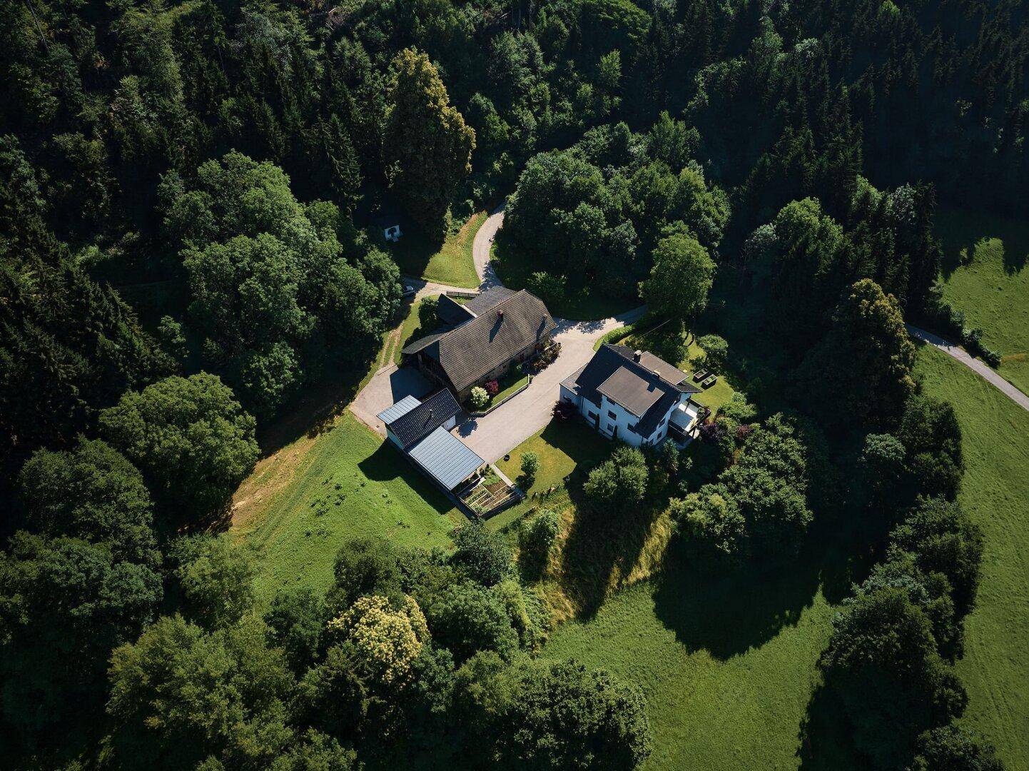 Weitläufige Luftaufnahme des Anwesens mit mehreren Gebäuden, eingebettet in eine grüne Wald- und Wiesenlandschaft.