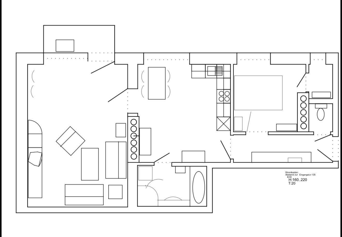 Grundriss der Wohnung mit Wohnbereich, Küche, Schlafzimmern und Bad.