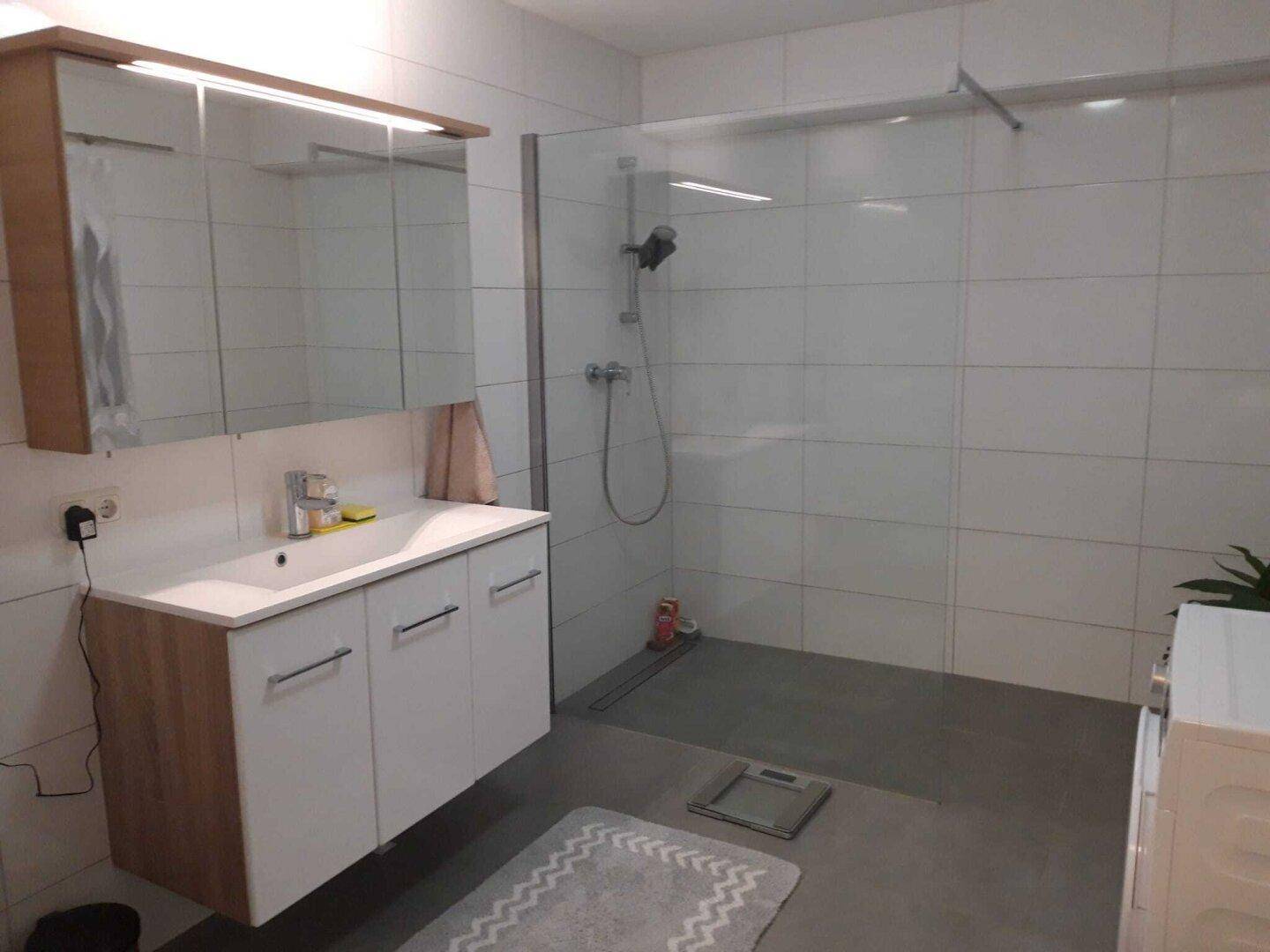 Modernes Badezimmer mit großer begehbarer Dusche, Waschtisch und Spiegelschrank.