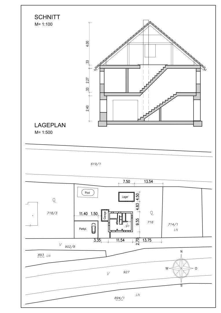 Schnittzeichnung des Hauses und Lageplan mit Grundstücksgrenzen und Pool.