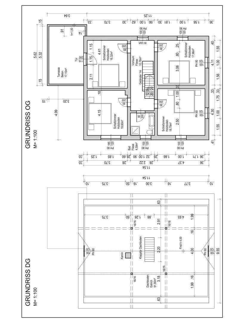 Grundriss des Dachgeschosses mit drei Schlafzimmern und einem Badezimmer.