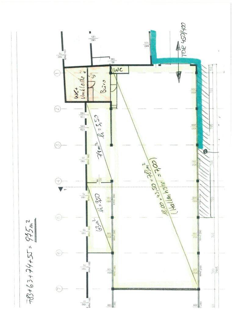 Handgezeichneter Grundriss einer Gewerbefläche mit Lagerbereich, Büro und Sanitäranlagen.