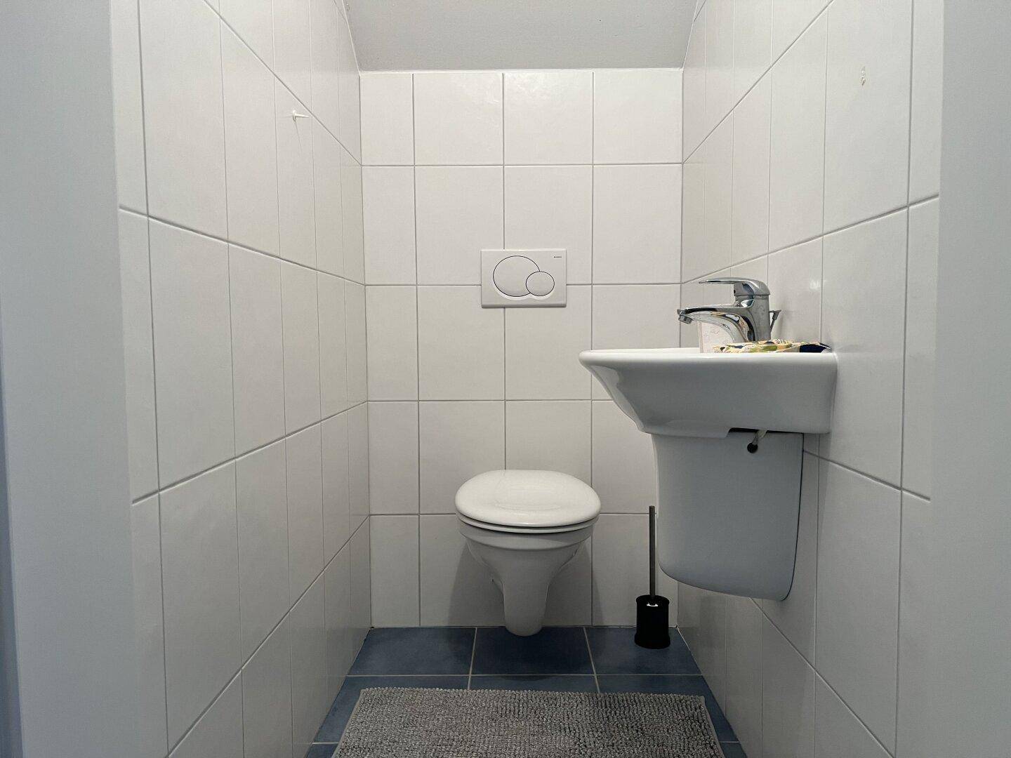 Kleines WC im Keller mit wandhängender Toilette und Waschbecken, funktional und sauber.