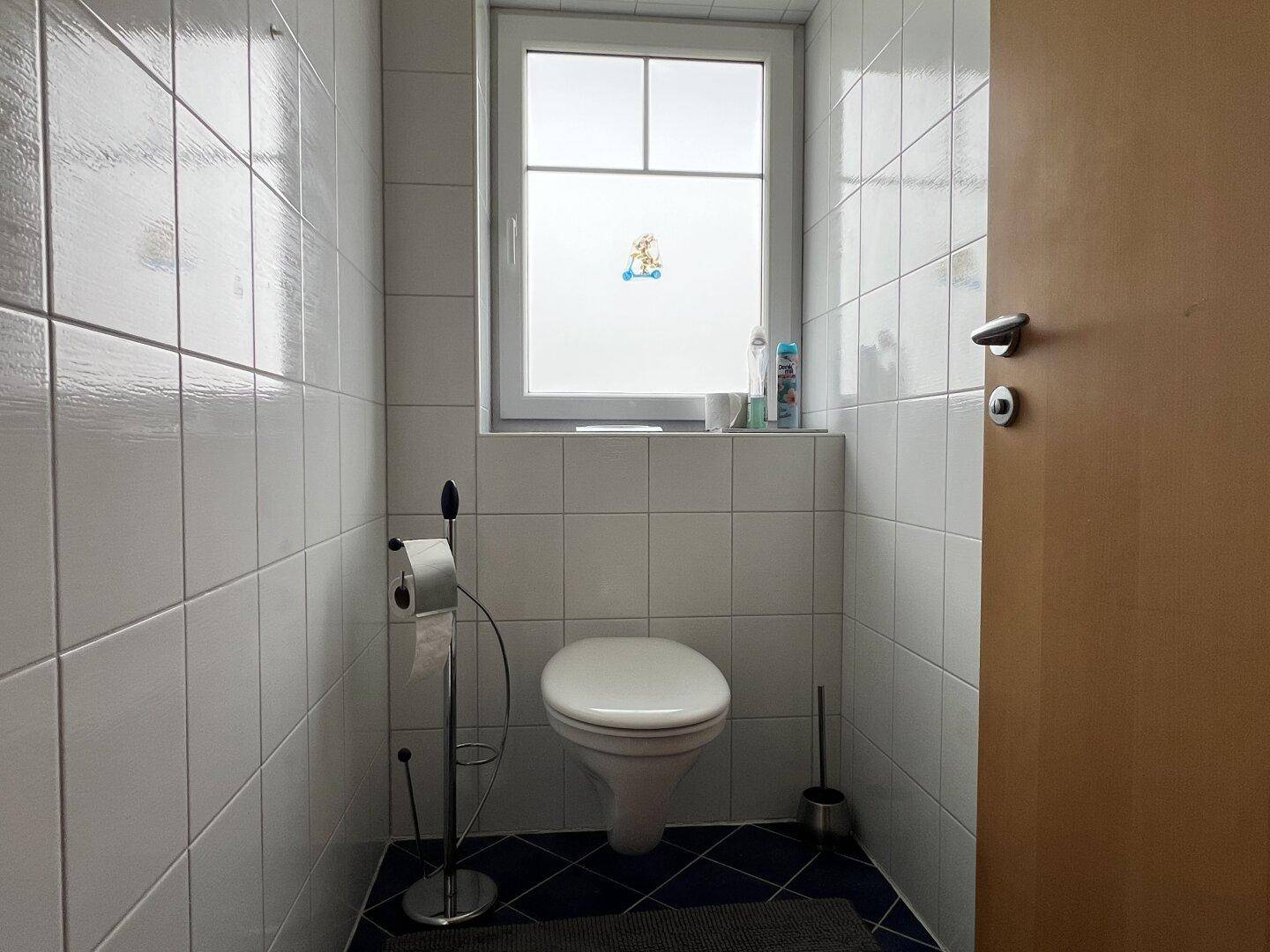 Kleines Gäste-WC mit wandhängender Toilette und Fenster, komplett gefliest.