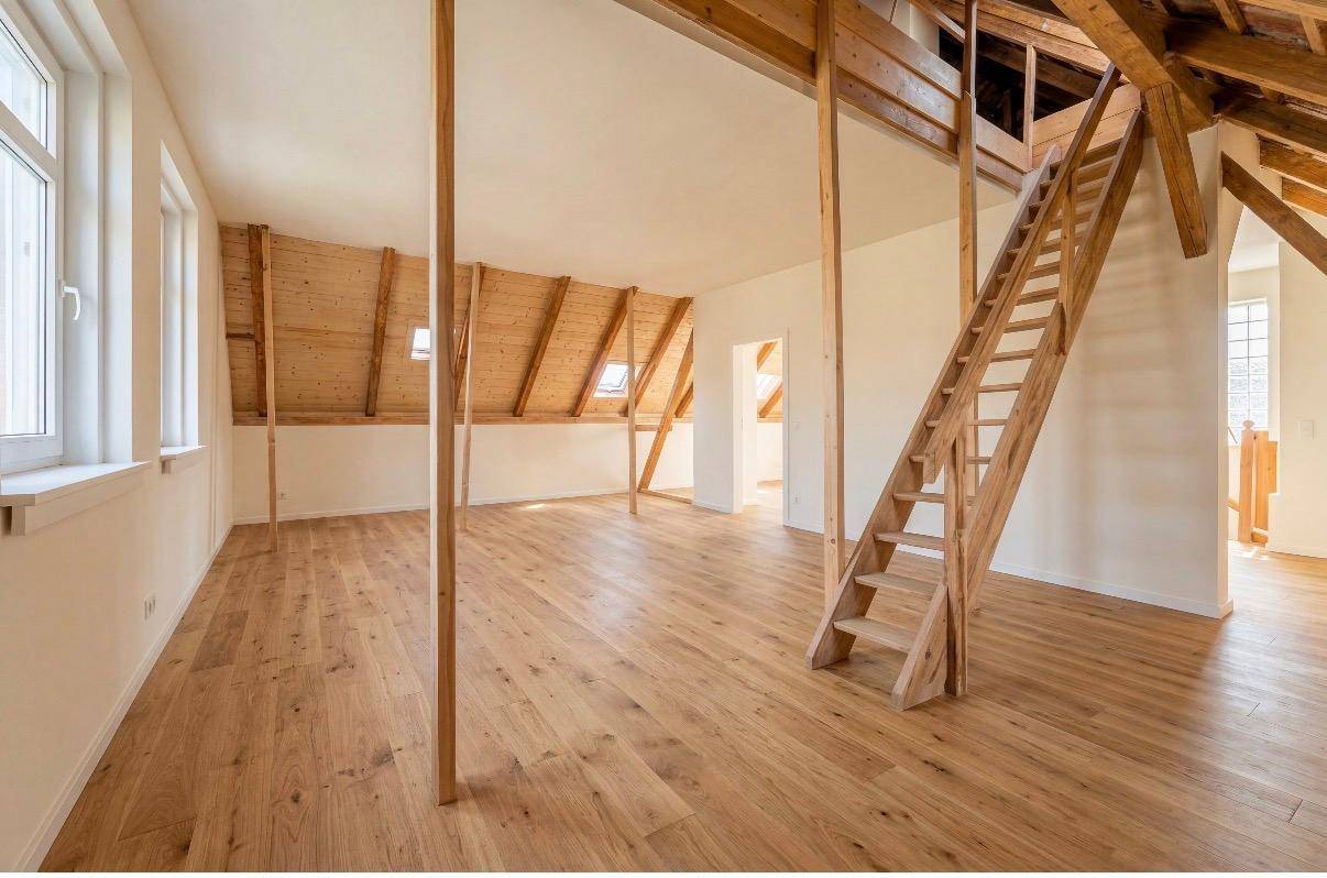 Ausgebauter Dachboden mit Holzboden, sichtbaren Balken und Holztreppe.