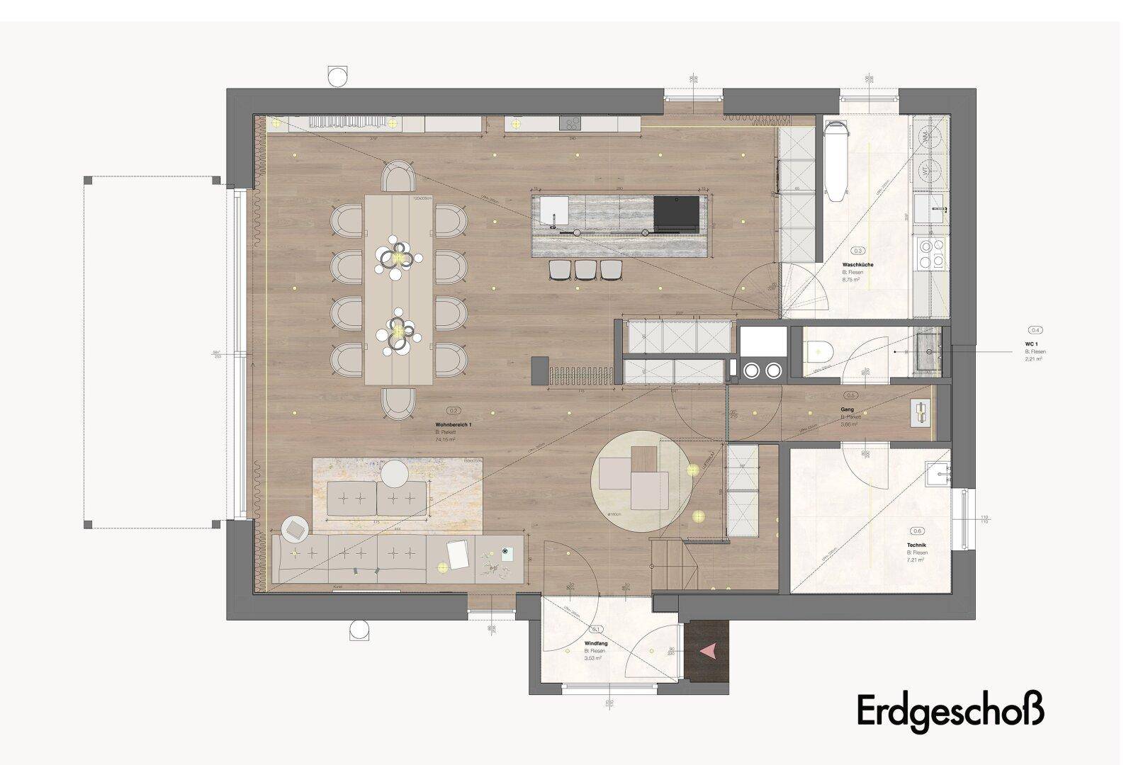 Grundriss des Erdgeschosses mit offenem Wohn- und Essbereich, Küche und Terrasse mit Pool.