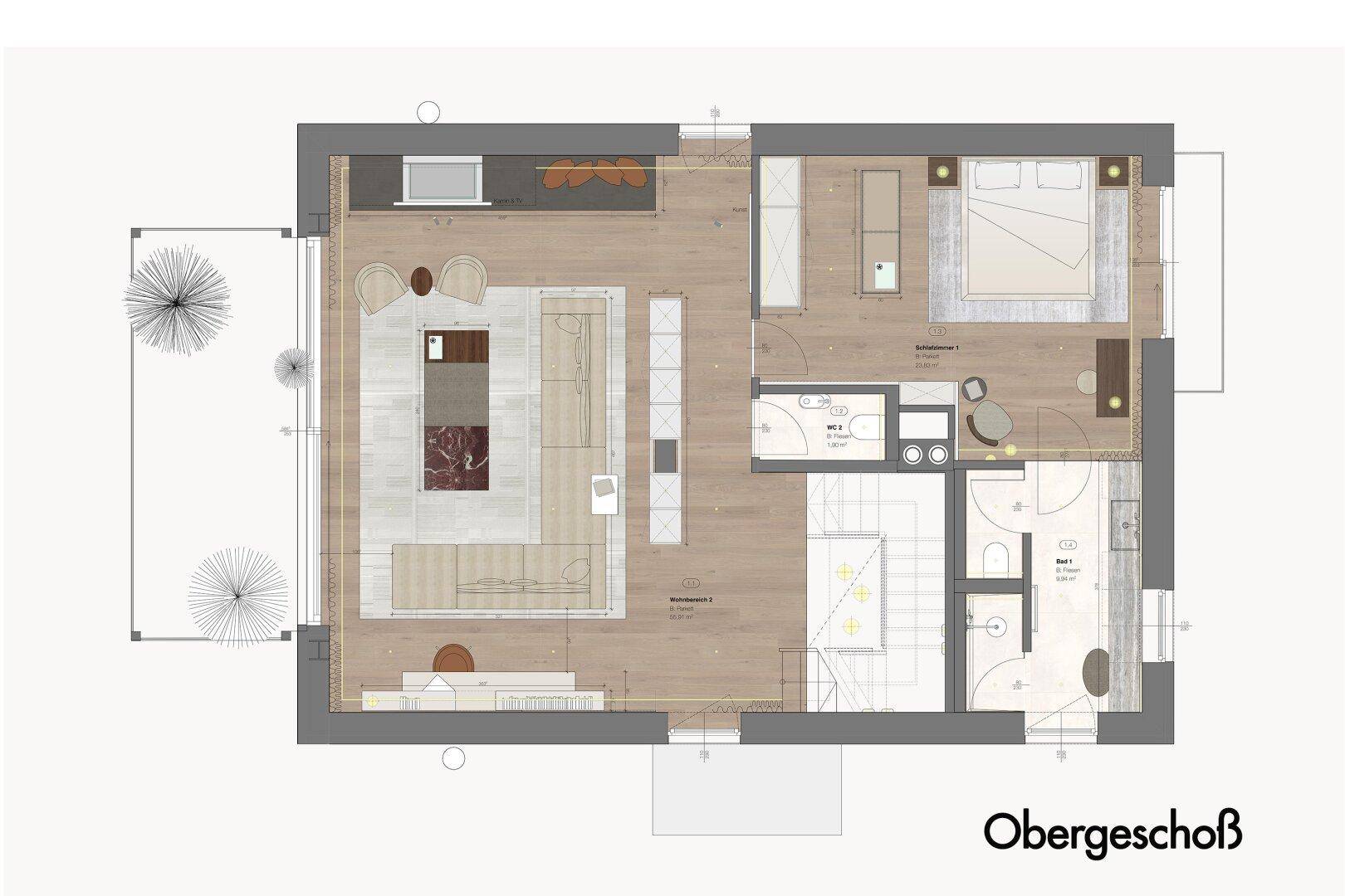 Grundriss des Obergeschosses mit Schlafzimmern, Bädern und einem Balkon.