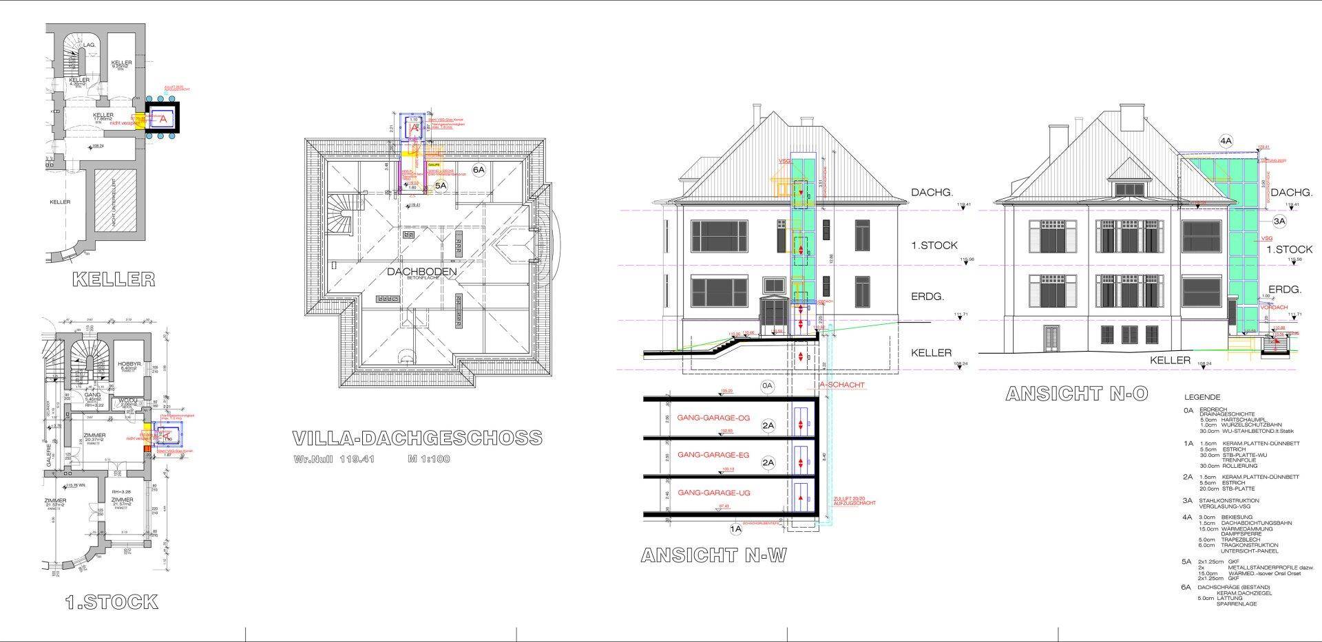 Detaillierte Pläne mit Keller, Dachgeschoss und zwei Ansichten, inklusive integrierter Garage.