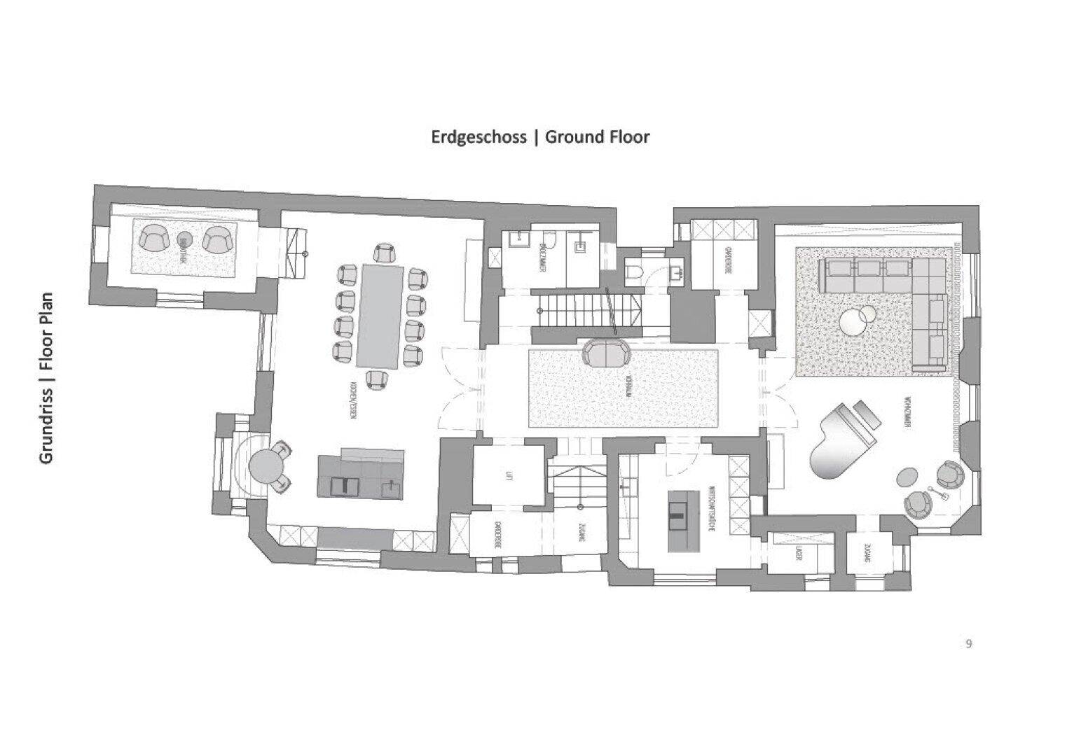 Grundriss des Erdgeschosses mit offenem Wohnbereich, Küche und Esszimmer.