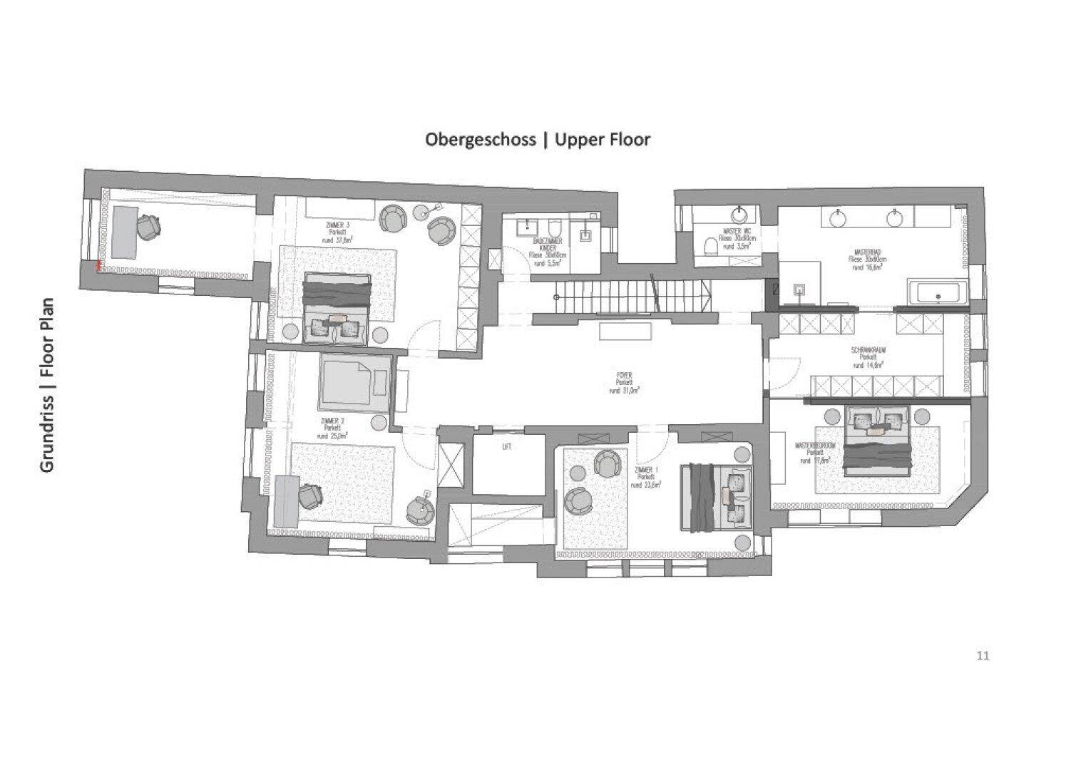 Grundriss des Obergeschosses mit mehreren Schlafzimmern und Bädern.