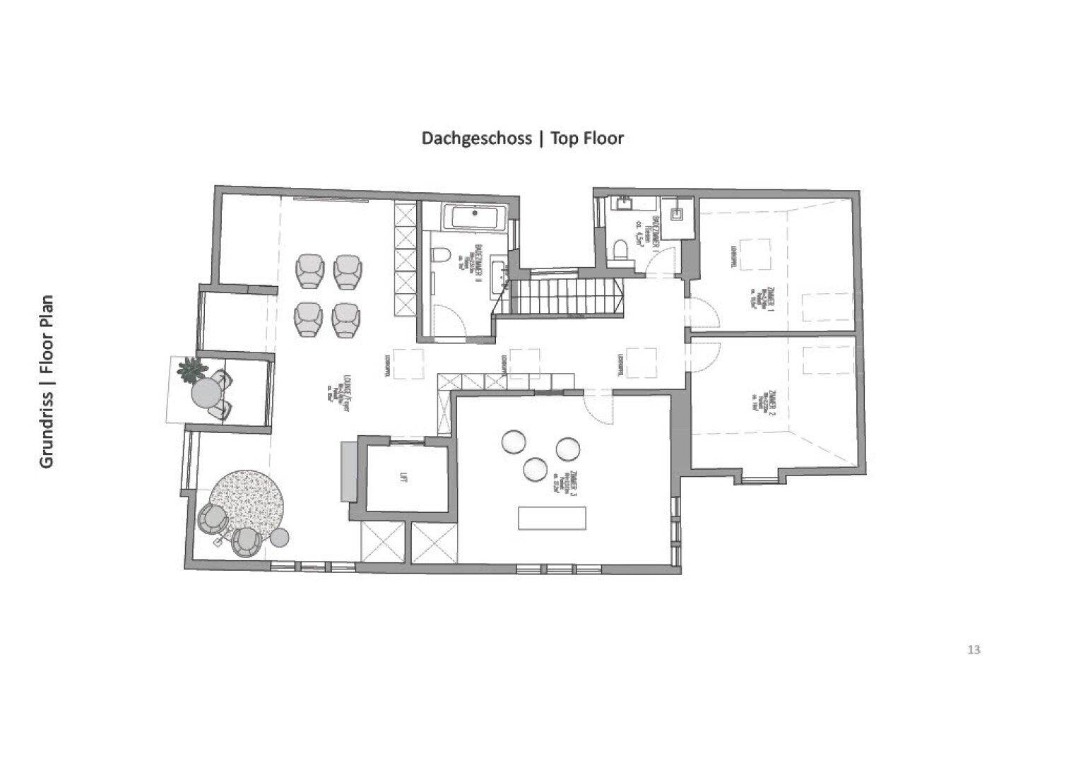 Grundriss des Dachgeschosses mit Wohnbereichen, Schlafzimmern und Dachterrasse.