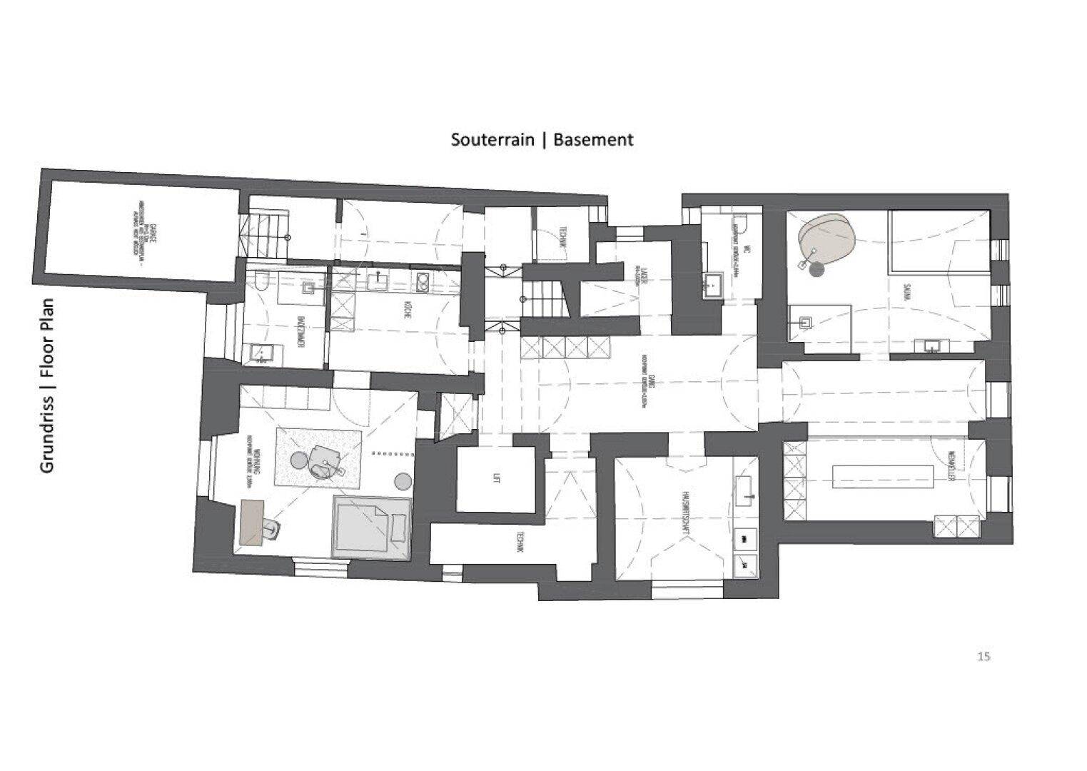 Grundriss des Souterrains mit verschiedenen Nutzflächen und Abstellräumen.