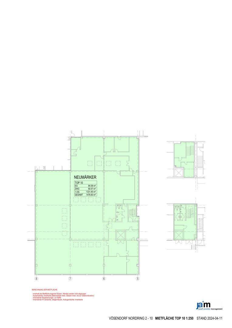 Grundrissplan mit markierten Mietflächen und der Anordnung von Räumen und Treppenhäusern.