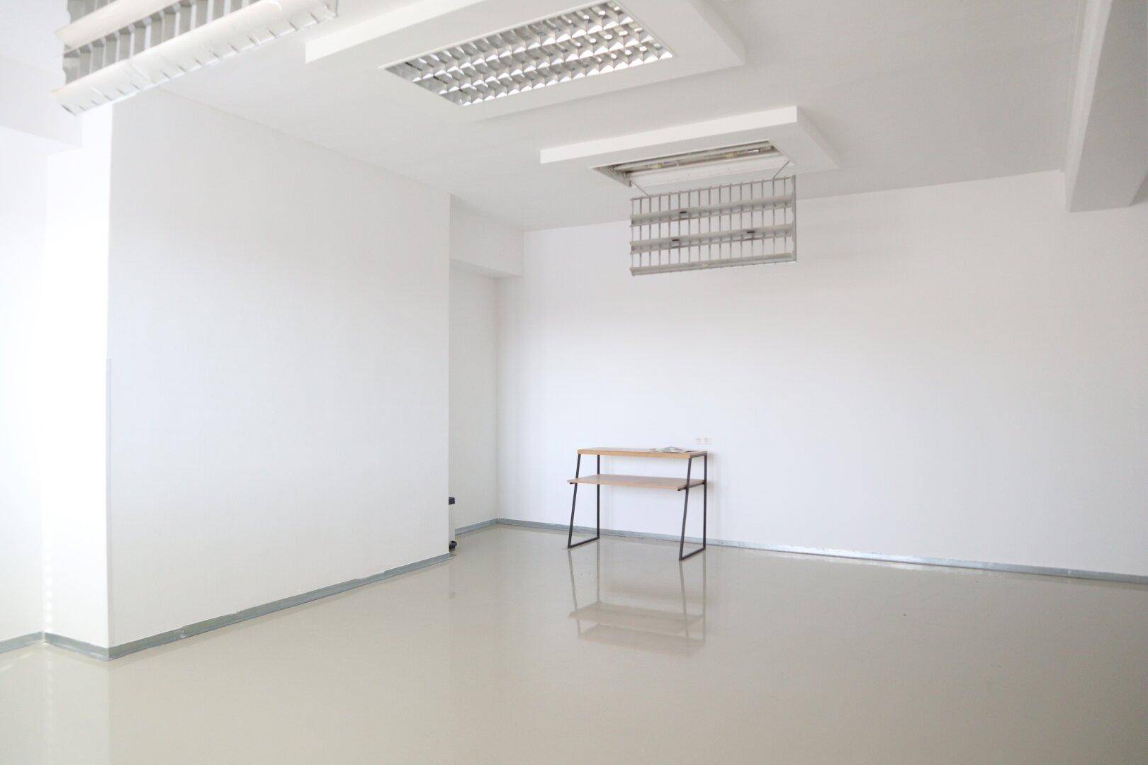Leerer Raum mit moderner Deckenbeleuchtung und glänzendem Boden, ideal für ein flexibles Bürokonzept.
