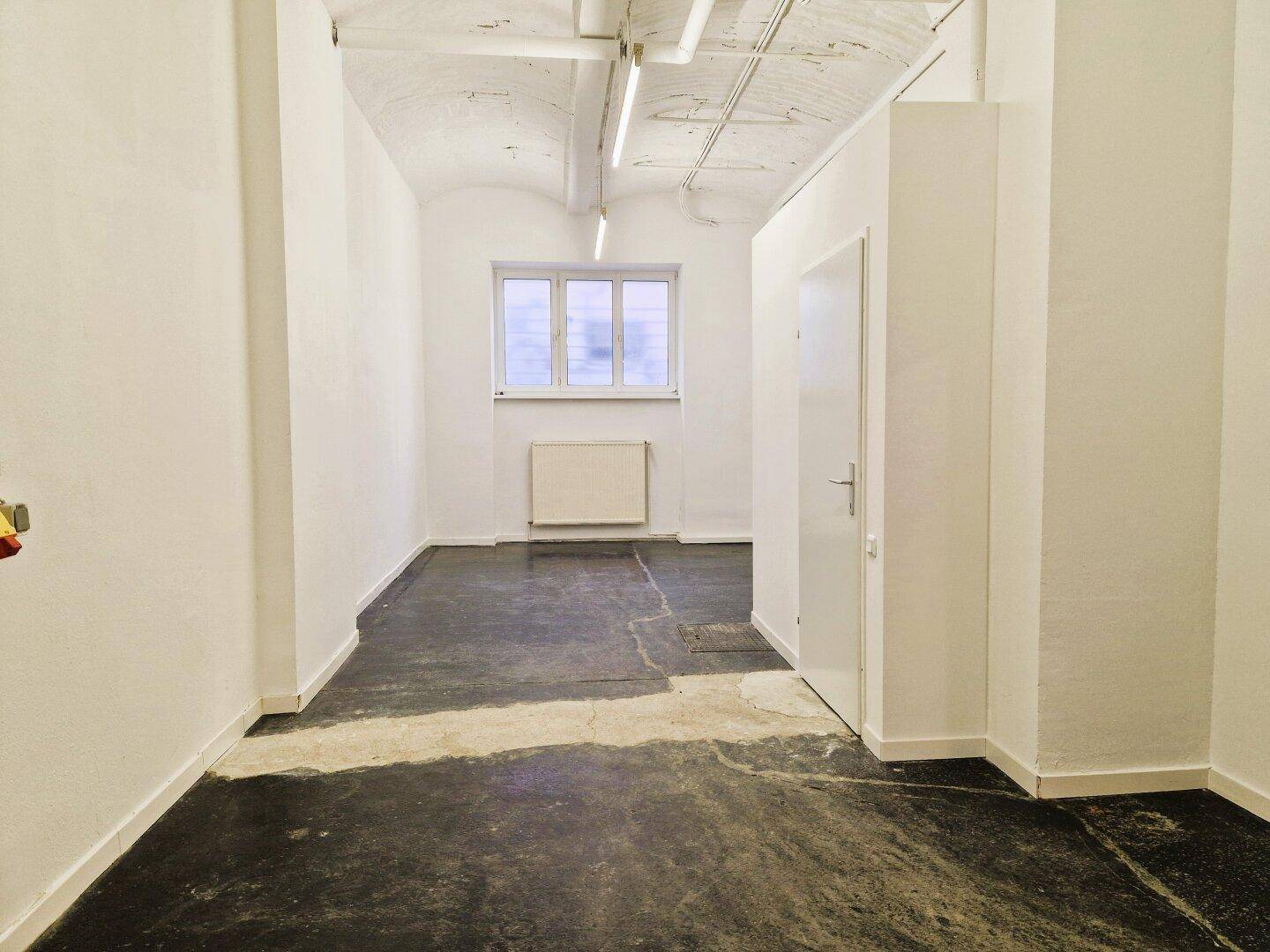 Kellerraum mit gewölbter Decke, unfertigem Betonboden und einem Fenster, das Renovierungsbedarf zeigt.