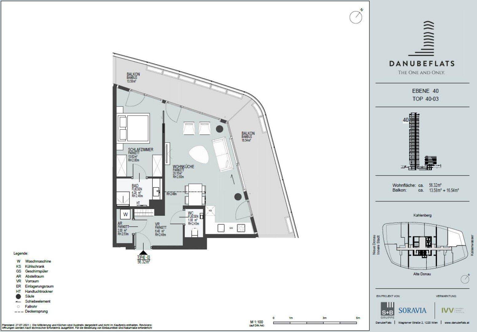 Detaillierter Grundriss einer Wohnung im 40. Stock mit Balkon und zwei Bädern.