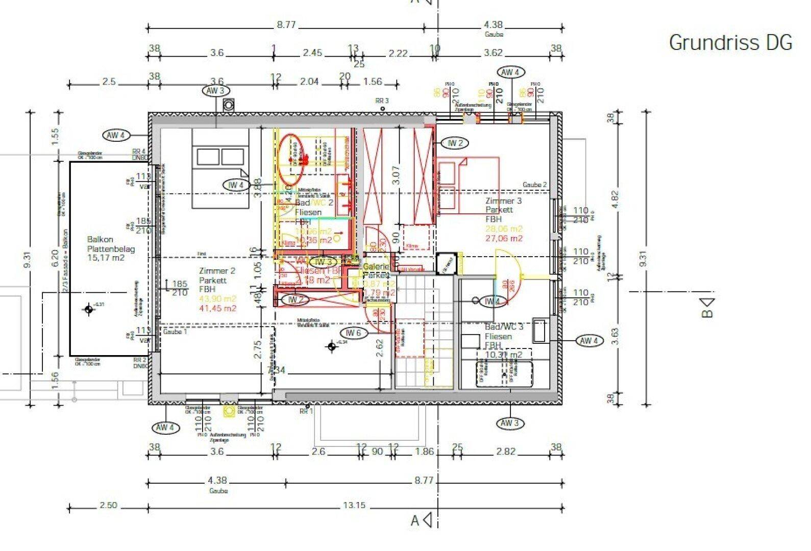 Grundriss des Dachgeschosses mit zwei Schlafzimmern, zwei Bädern, einer Galerie und einem großen Balkon.