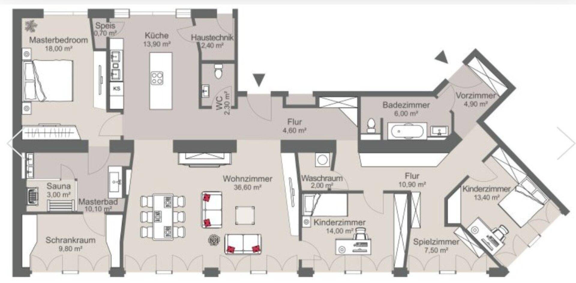Detaillierter Grundriss der Wohnung mit verschiedenen Zimmern und Flächenangaben.