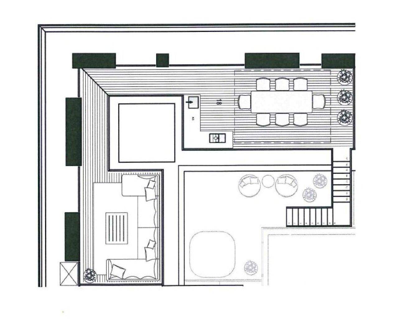 Grundriss der Dachterrasse mit verschiedenen Sitzbereichen und einem Essbereich im Freien.