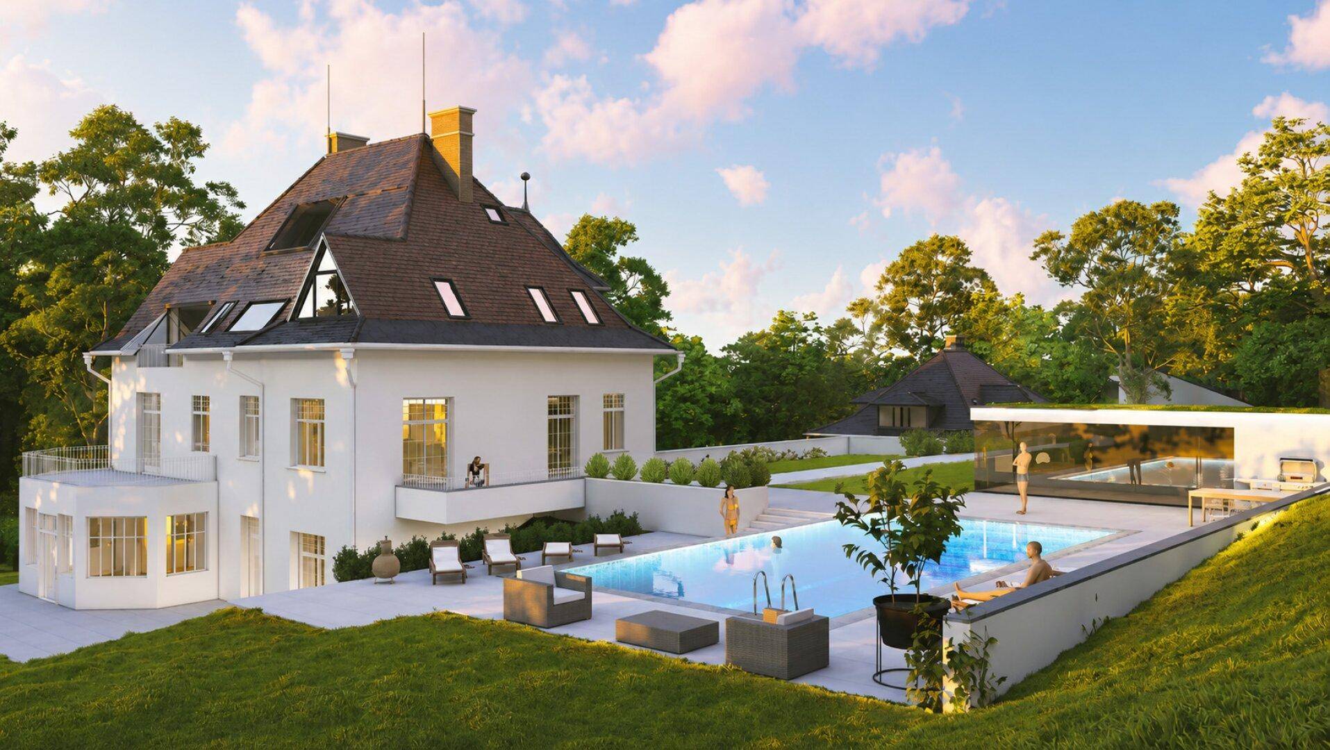 Luxuriöse Villa mit großem Außenpool und weitläufiger Grünfläche, ideal für Entspannung und Unterhaltung.