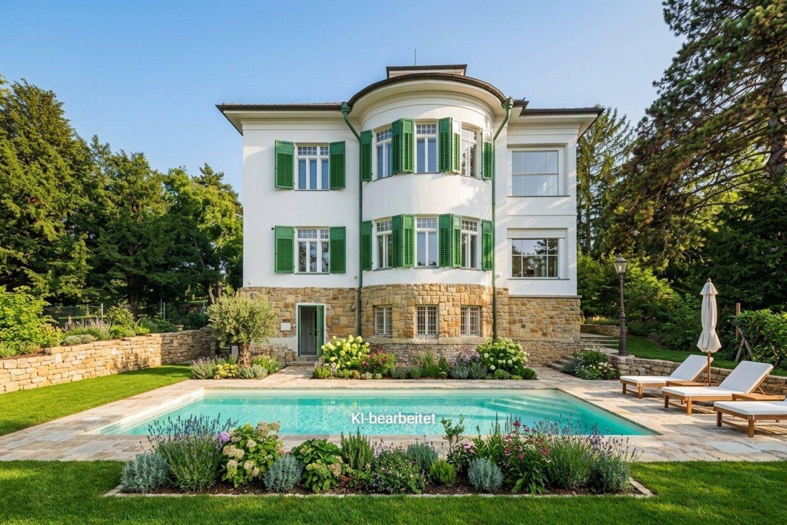 Die Rückseite der Villa mit einem erfrischenden Pool und einem gepflegten Gartenbereich.
