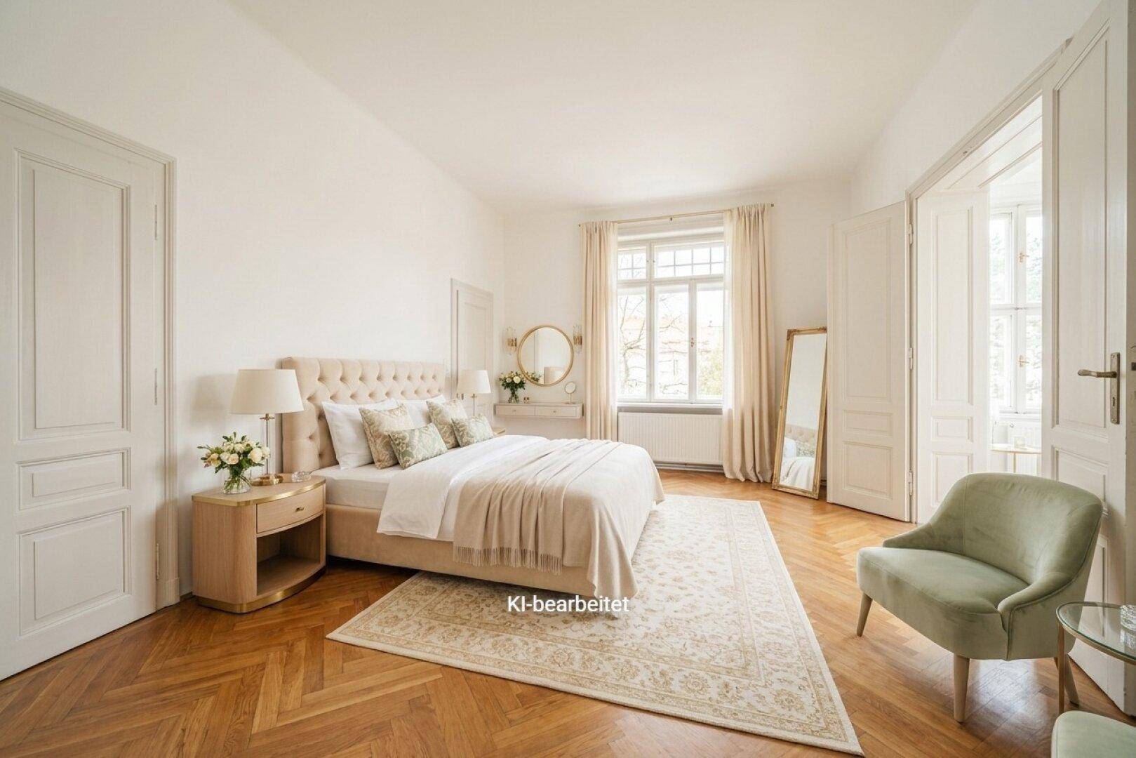 Ein helles Schlafzimmer mit Fischgrätparkett, einem großen Bett und eleganter Einrichtung.