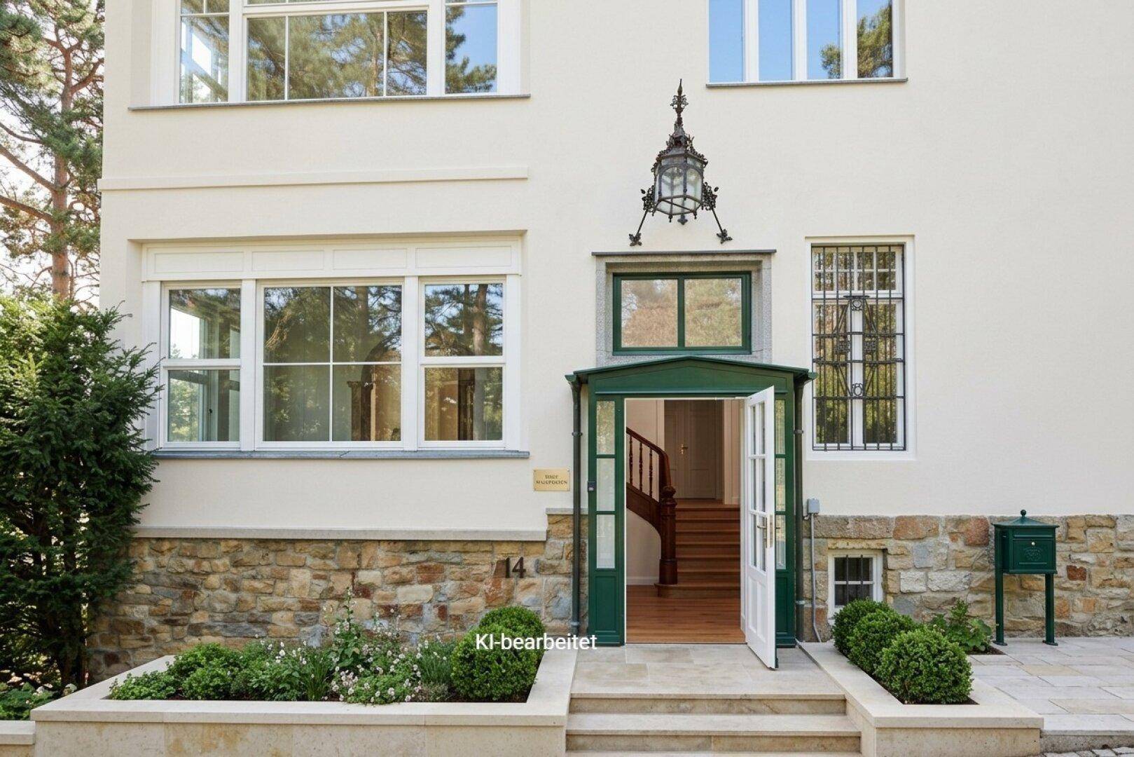Der einladende Eingangsbereich der Villa mit grüner Veranda und traditioneller Laterne.