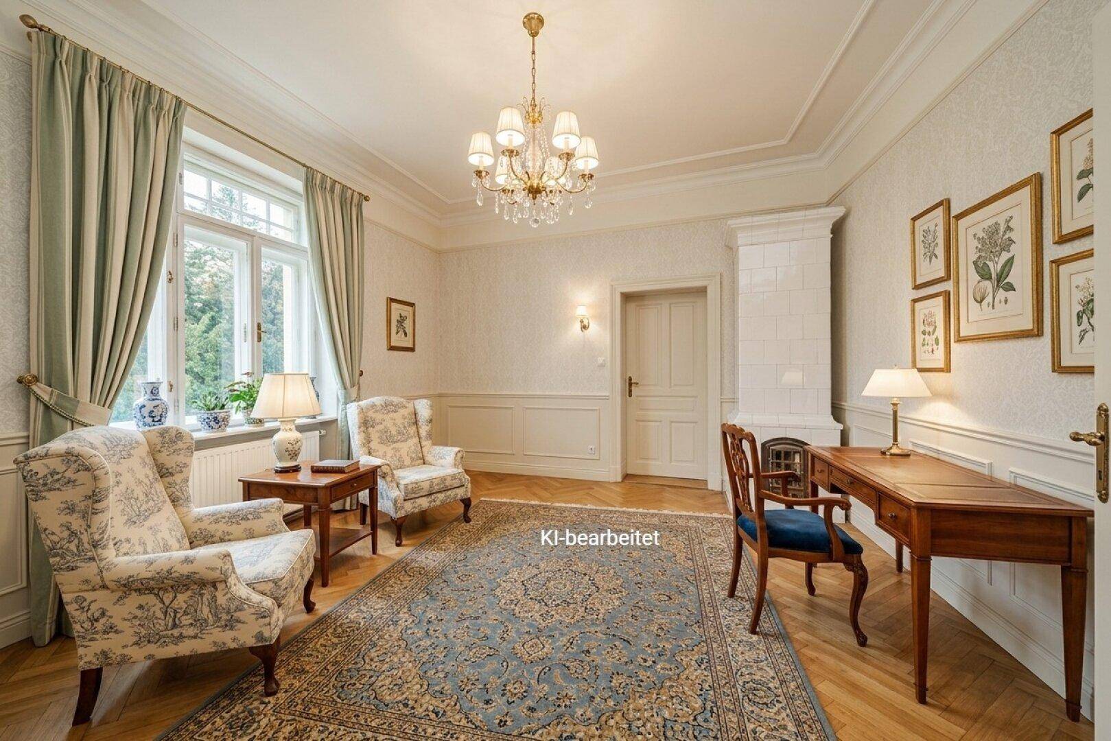 Ein elegantes Arbeitszimmer mit Fischgrätparkett, Kachelofen und klassischer Einrichtung.