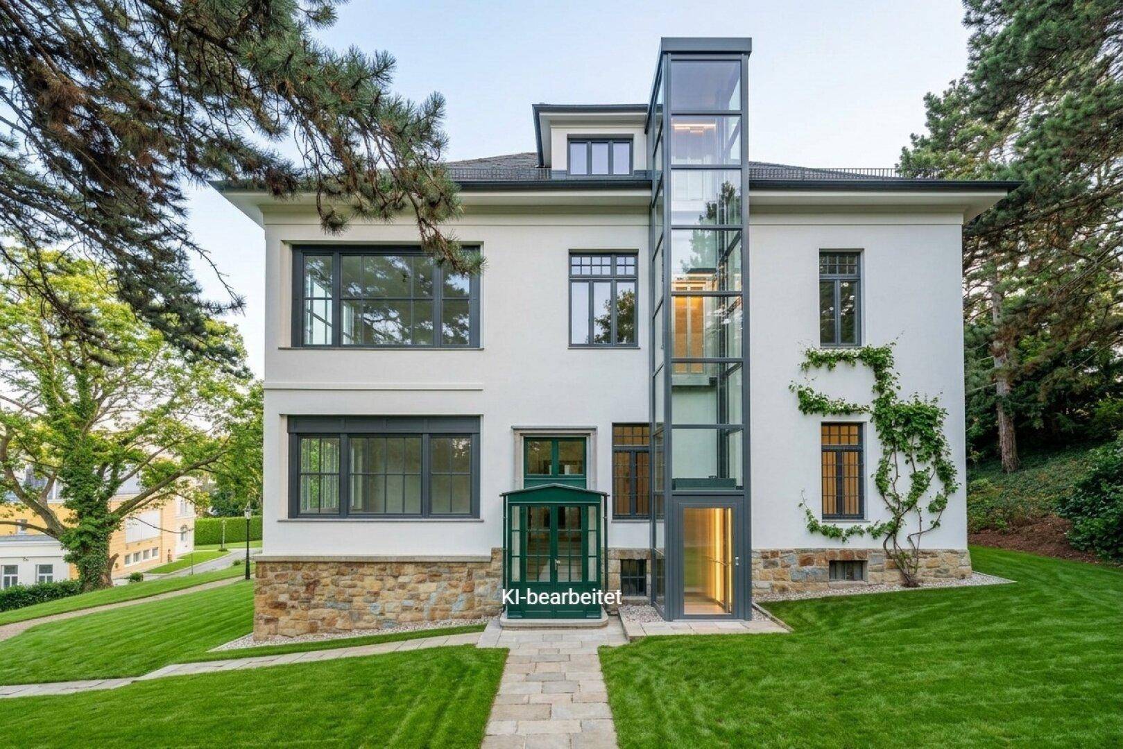 Die moderne Glaslift-Anlage an der weißen Fassade der Villa bietet barrierefreien Zugang.