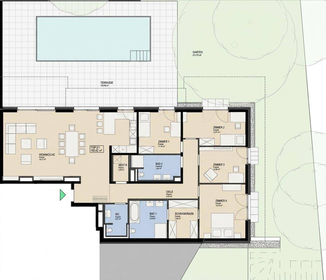 Grundriss des Erdgeschosses mit Wohnküche, vier Zimmern, zwei Bädern und Terrasse mit Pool.
