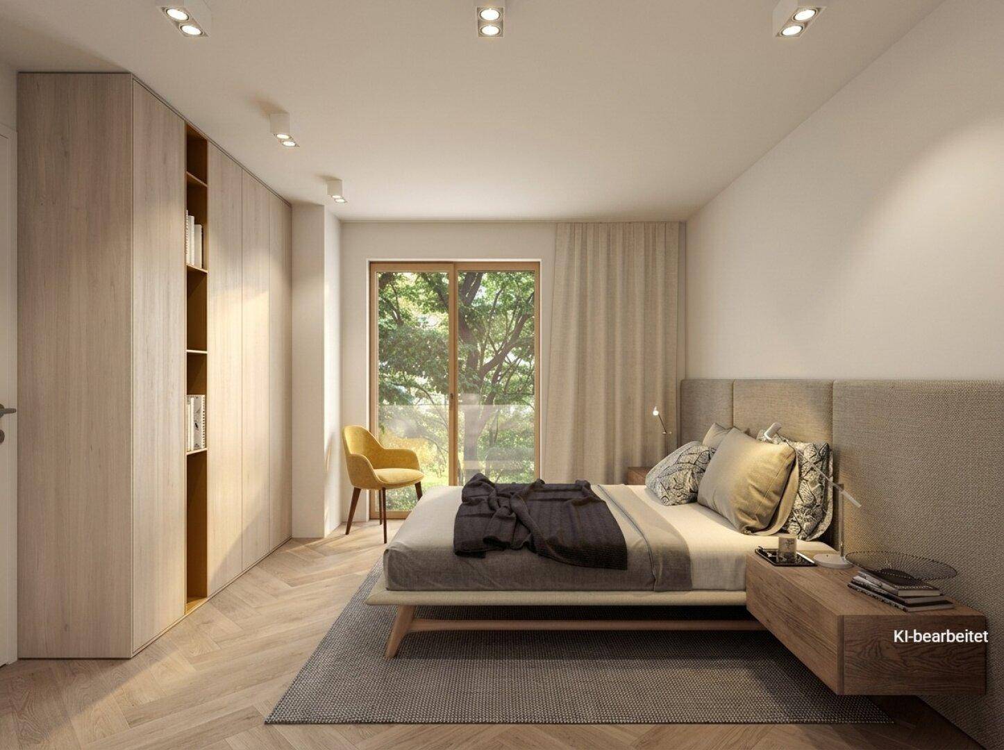 Ruhiges Schlafzimmer mit Einbauschränken, Holzboden und Zugang zum Außenbereich.