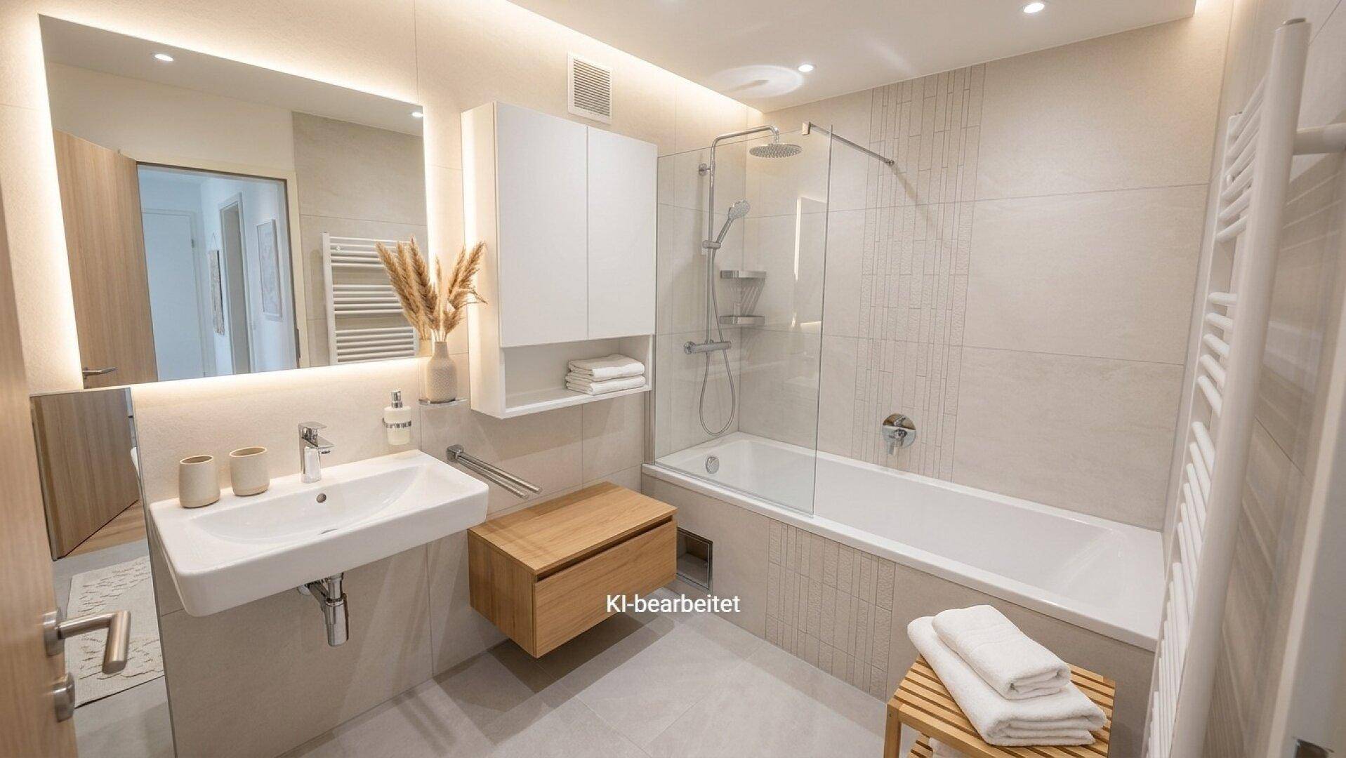 Modernisiertes Badezimmer mit Badewanne, Duschbereich und eleganten Fliesen.