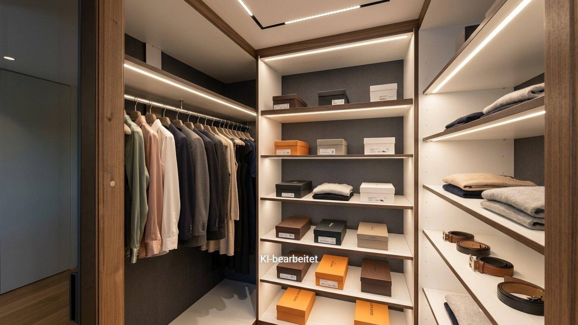 Begehbarer Kleiderschrank mit integrierter Beleuchtung, Regalen und Kleiderstangen.