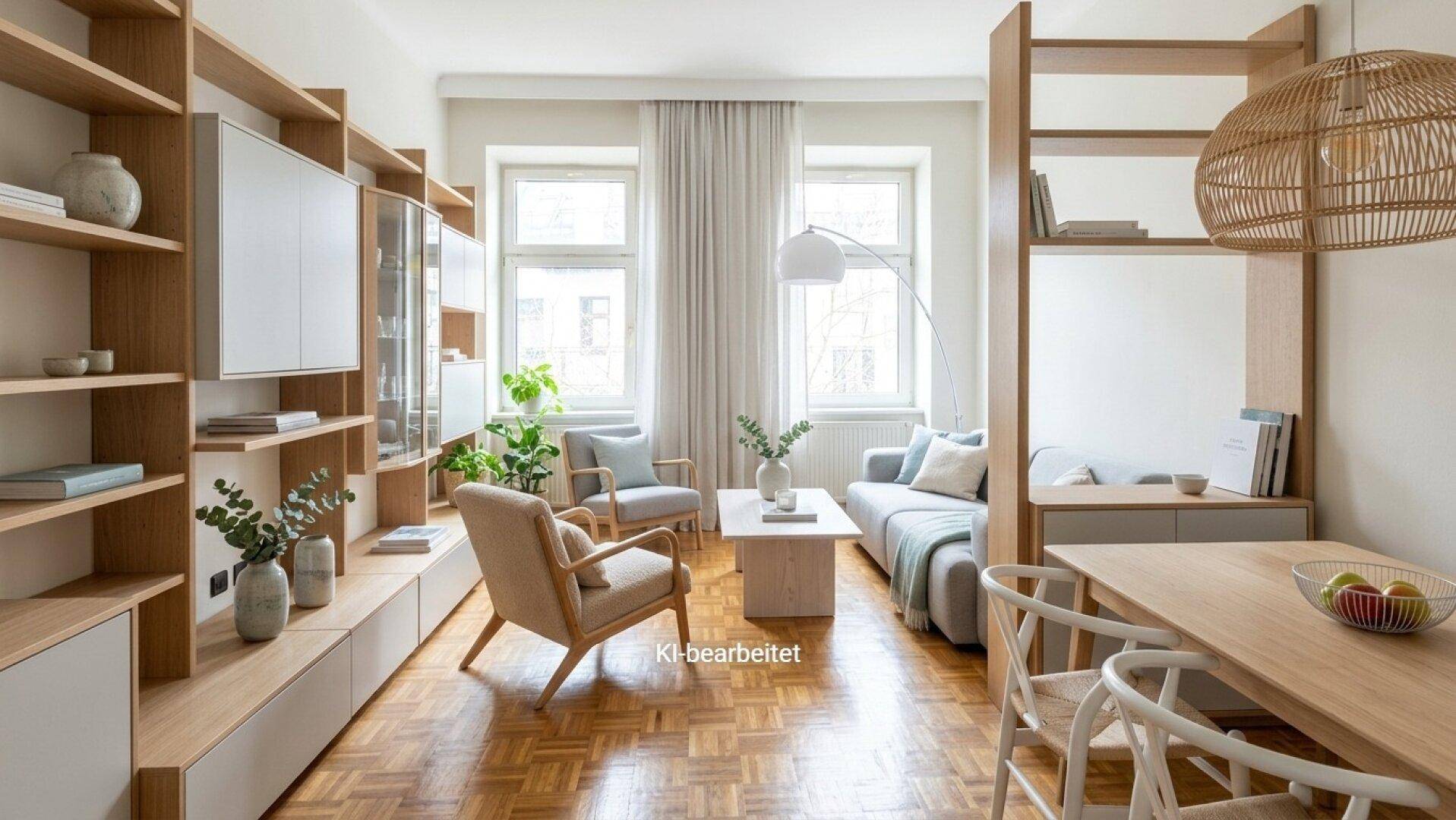 Heller, modern gestalteter Wohn- und Essbereich mit Holzregalen und Parkettboden.
