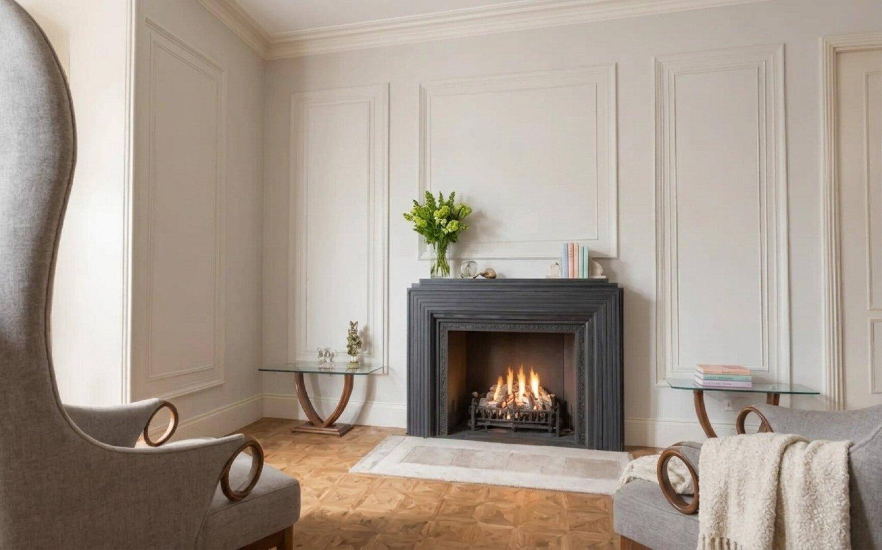 Gemütliches Wohnzimmer mit elegantem Kamin, Stuckverzierungen und klassischem Parkettboden.