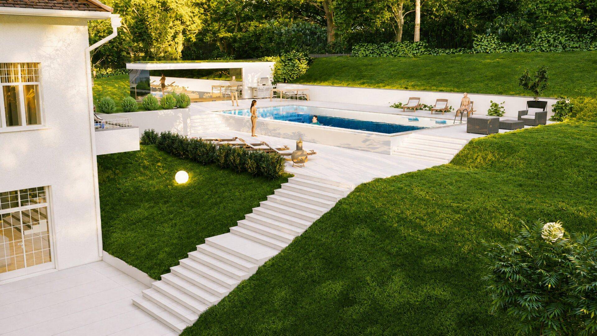 Weitläufige Außenanlage mit großem Pool, Sonnenterrasse und eleganten Treppen, umgeben von viel Grün.