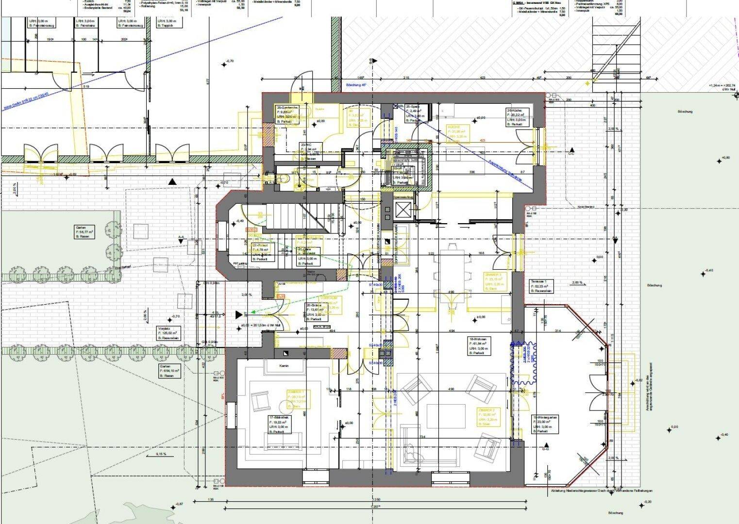 Gesamtgrundriss des Erdgeschosses mit Außenanlagen, Gartenbereichen und Zufahrtswegen.