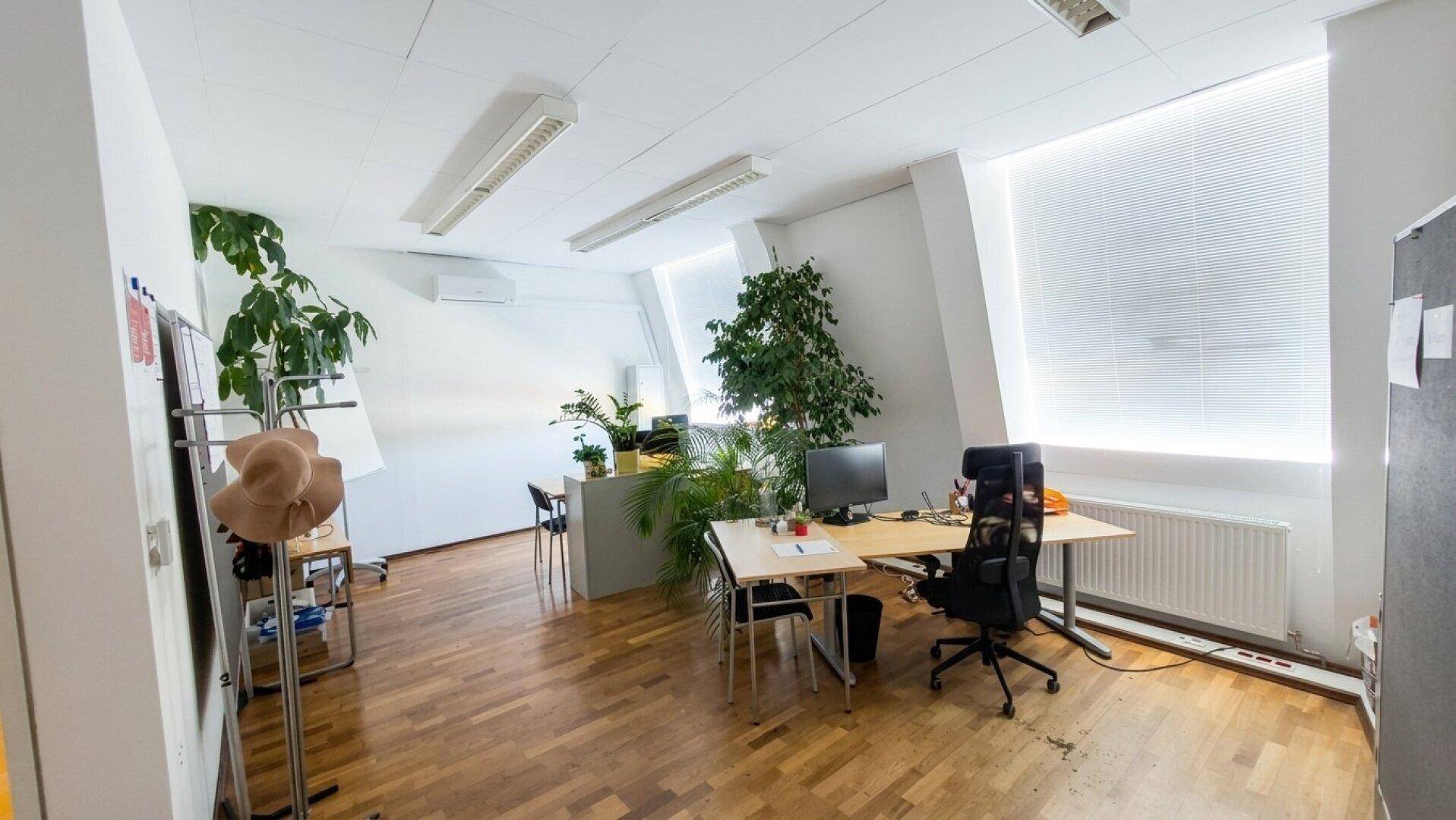 Helles Büro mit Holzboden, Schreibtisch, Bürostuhl und Pflanzen, beleuchtet durch Fenster.
