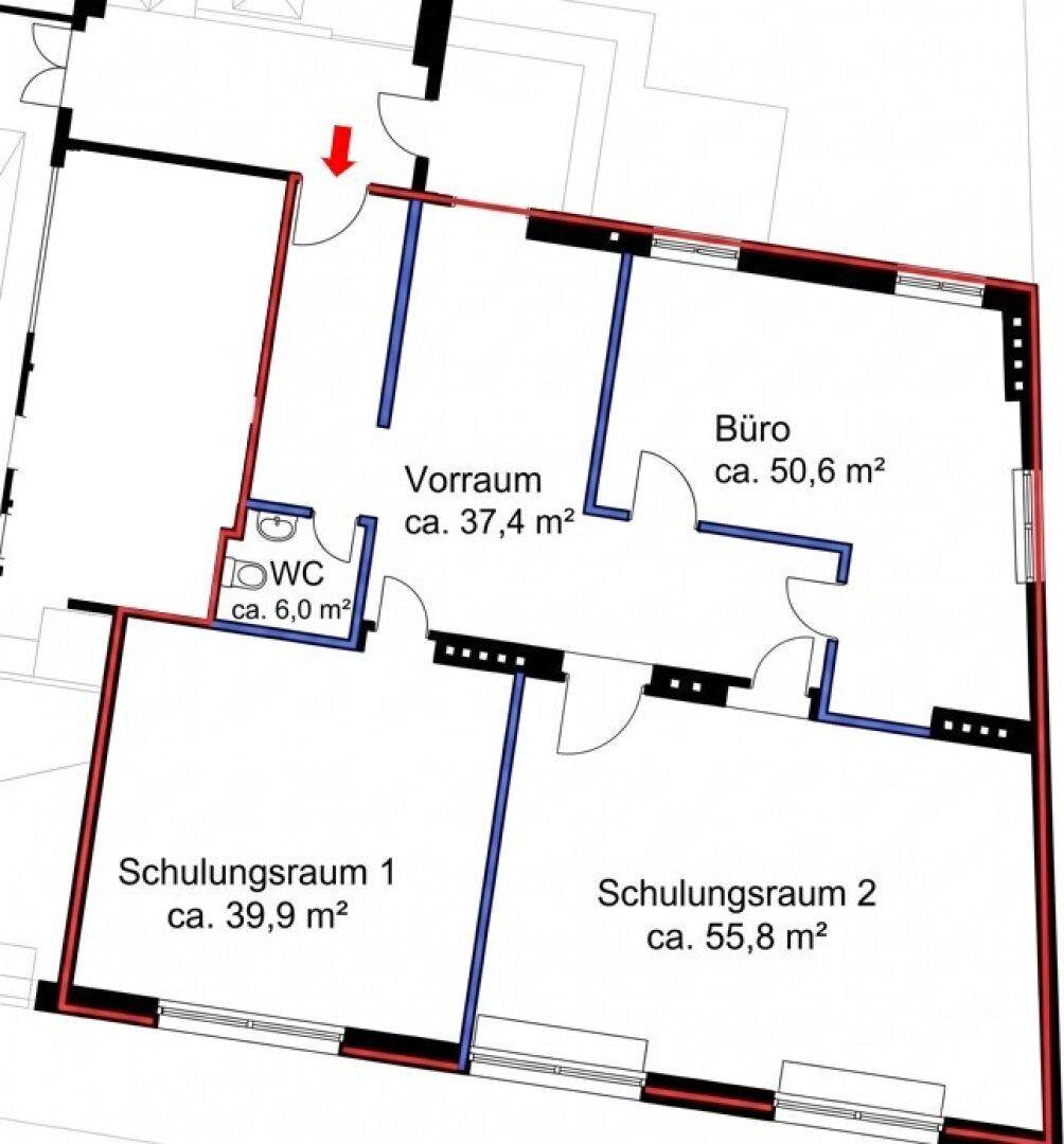 Grundrissplan zeigt mehrere Büroräume, einen Vorraum und ein WC mit Flächenangaben.