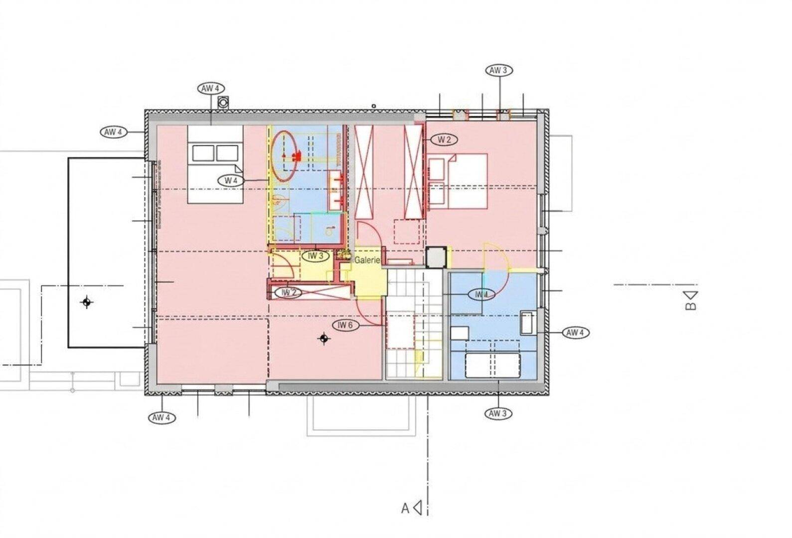 Grundrissplan eines Obergeschosses mit mehreren Schlafzimmern, zwei Bädern und einer Galerie.