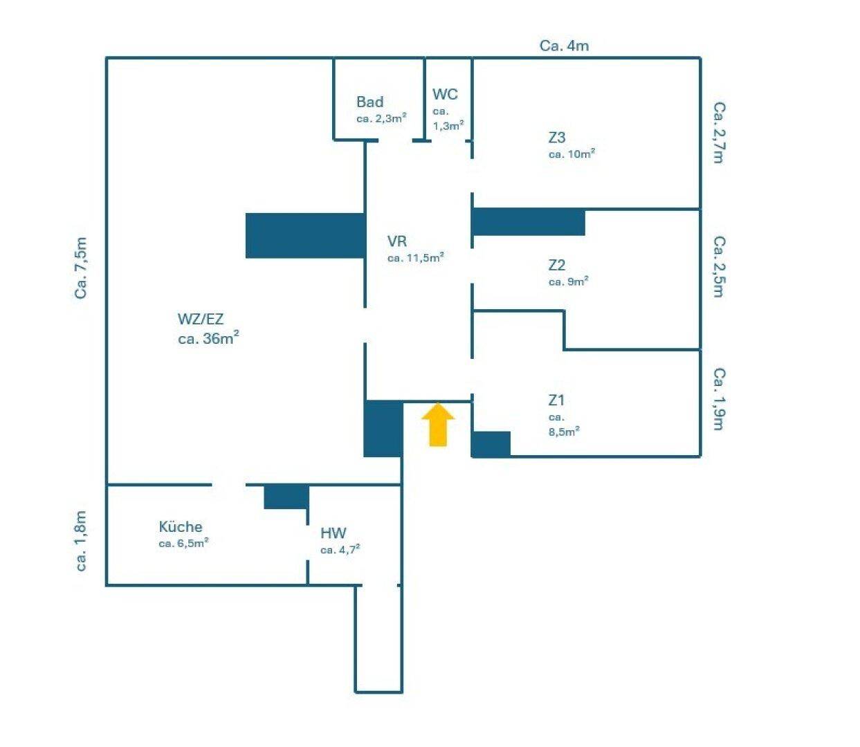 Grundriss einer Wohnung mit Wohn-/Essbereich, Küche, Bad, WC und drei weiteren Zimmern.