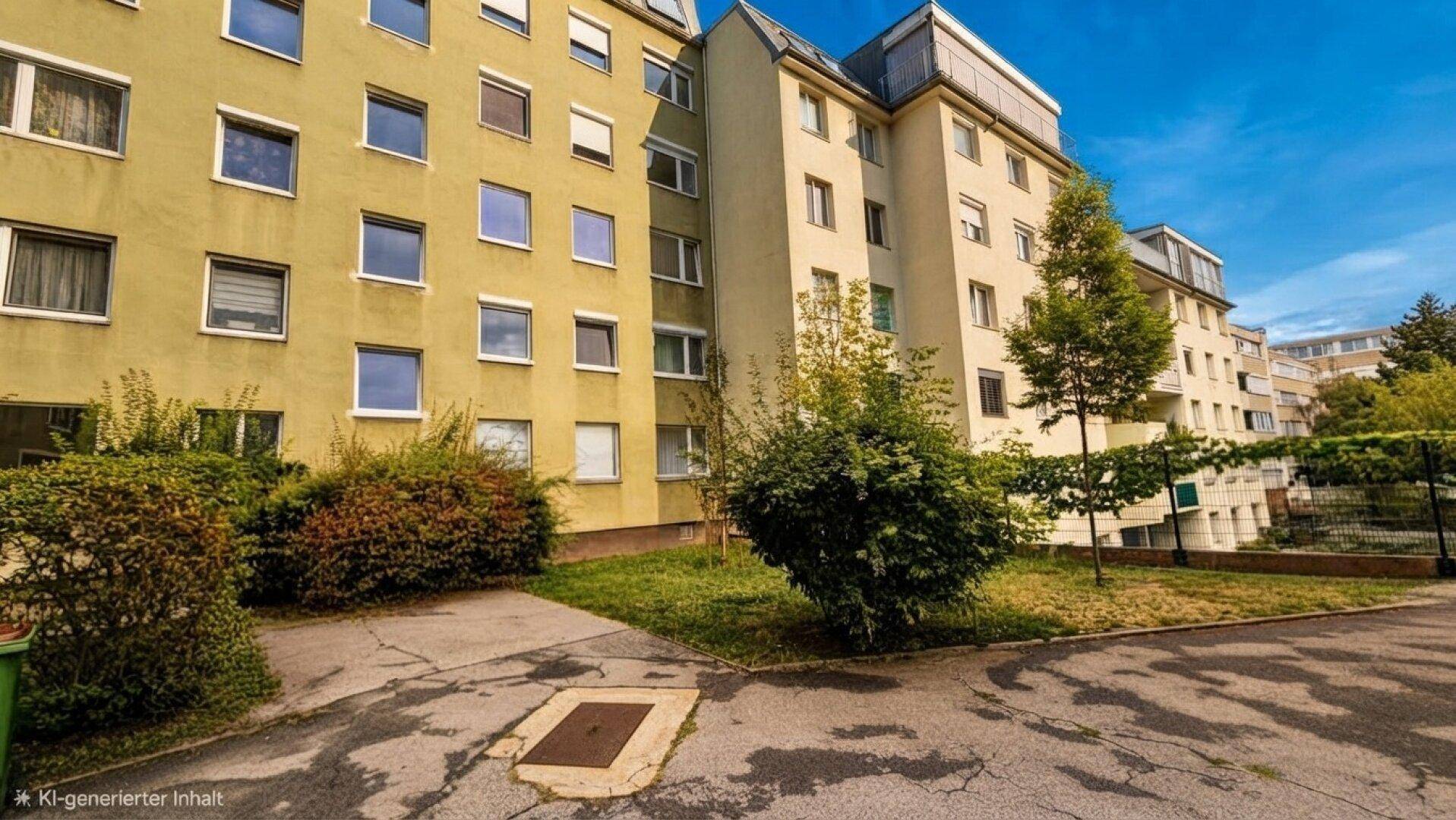 Mehrfamilienhaus mit gelb-grüner Fassade und gepflegter Grünanlage im Vordergrund unter blauem Himmel.