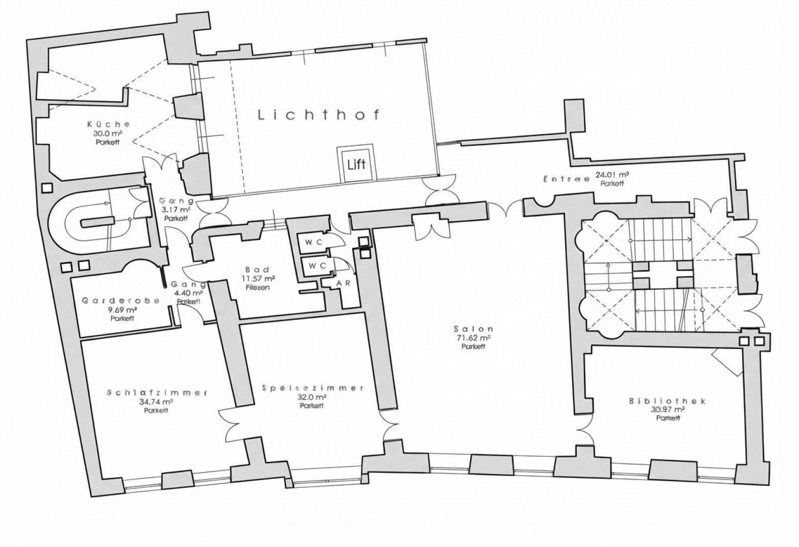 Detaillierter Grundriss einer großzügigen Wohnung mit mehreren Zimmern, Bad und Liftzugang.