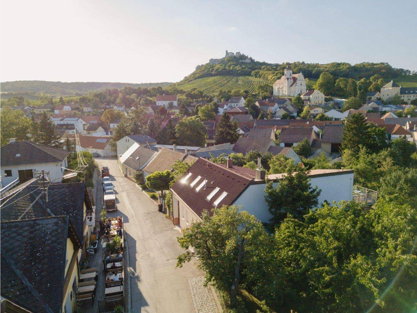 Luftaufnahme eines malerischen Dorfes mit Häusern, Bäumen und einer Burg auf einem Hügel im Hintergrund.
