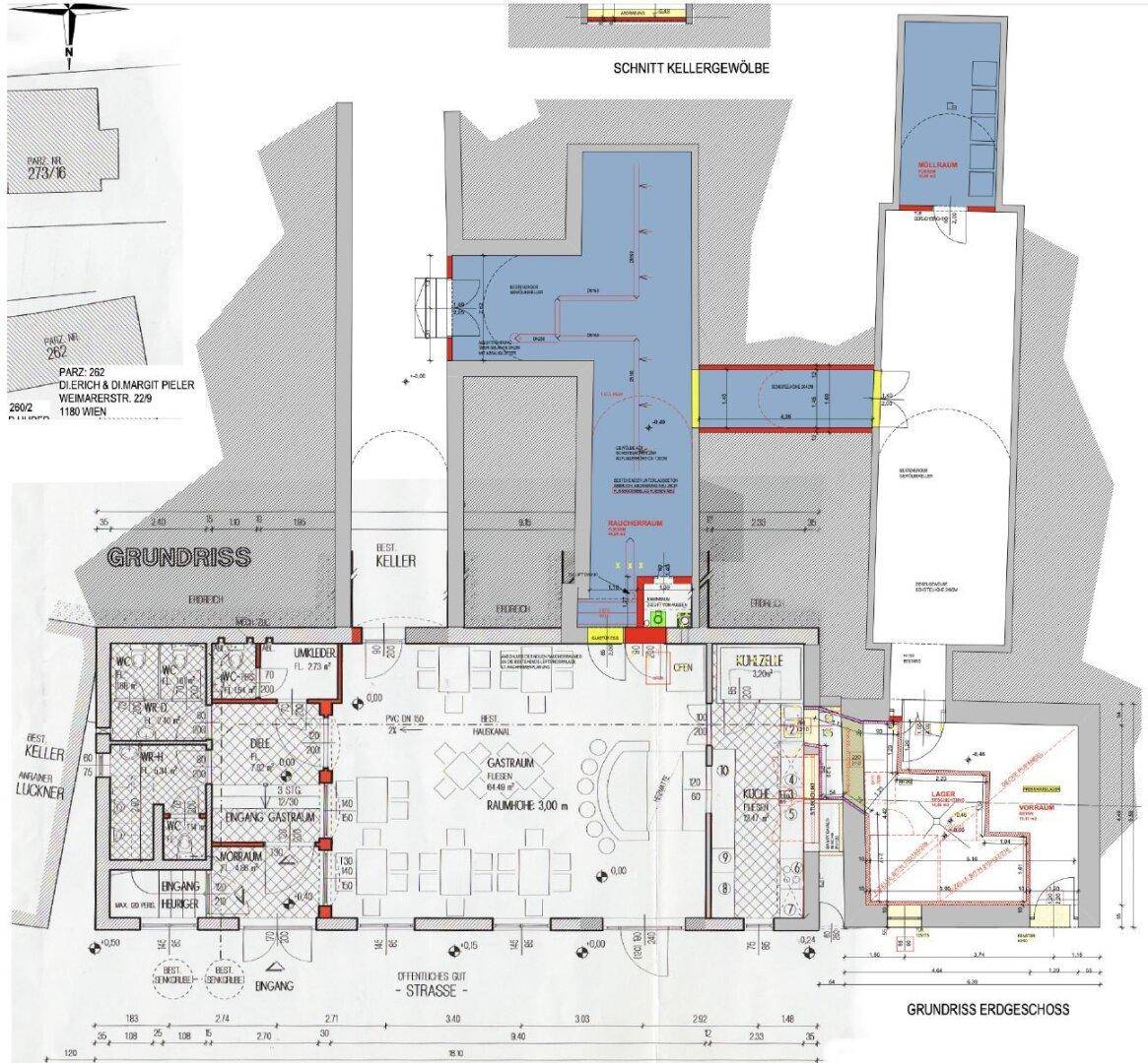 Detaillierter Grundriss mit Kellergewölbe und Erdgeschoss, inklusive Raumaufteilung und Maßen.