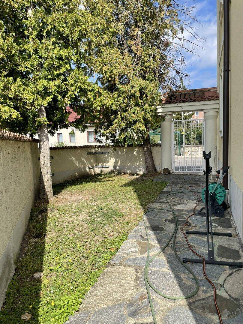 Kleiner Gartenbereich mit einem Steinweg und hohen Bäumen, die Schatten spenden.