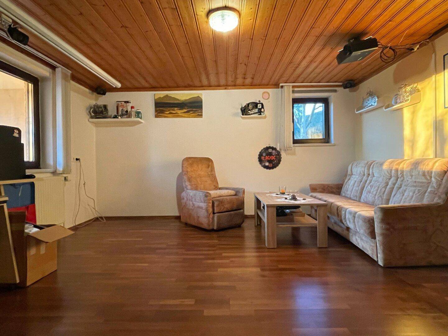 Gemütlicher Wohnbereich im Untergeschoss mit Holzdecke, Laminatboden und Sofa.