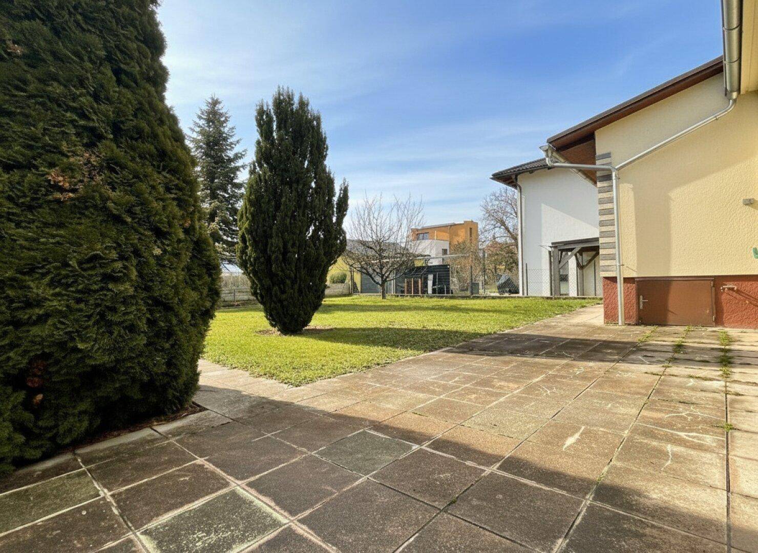 Gepflasterter Bereich neben dem Haus mit Rasenfläche und hohen Bäumen im Garten.