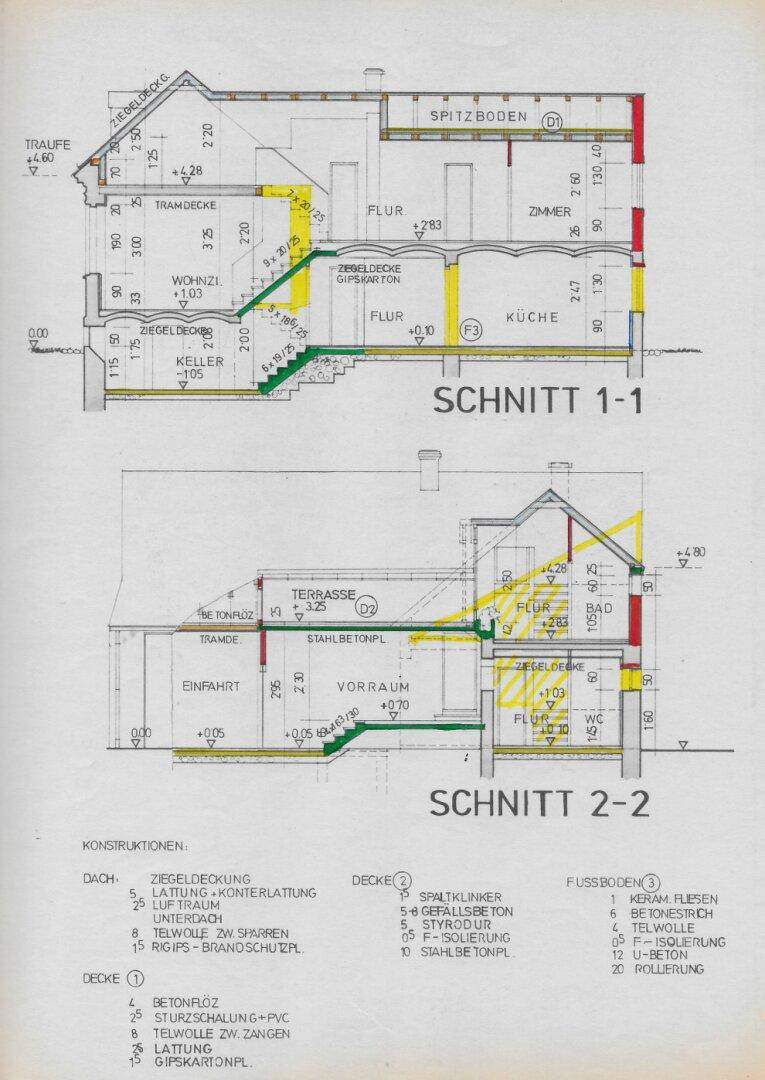 Schnittzeichnungen des Gebäudes zeigen die vertikale Struktur und Raumaufteilung.
